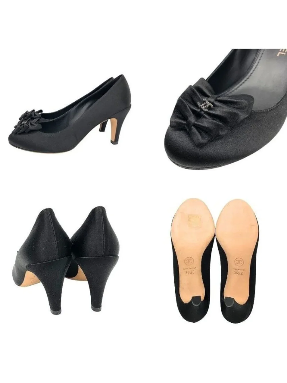 Chanel Satin Ribbon Pumps Black 35.5 C Shoes New Vintage